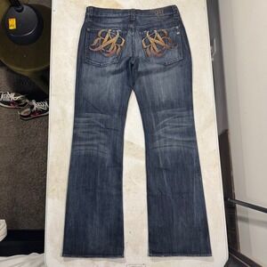Y2K Rock & Republic Bootcut Jeans Mens 36x34 Dark Wash Embellished Logo